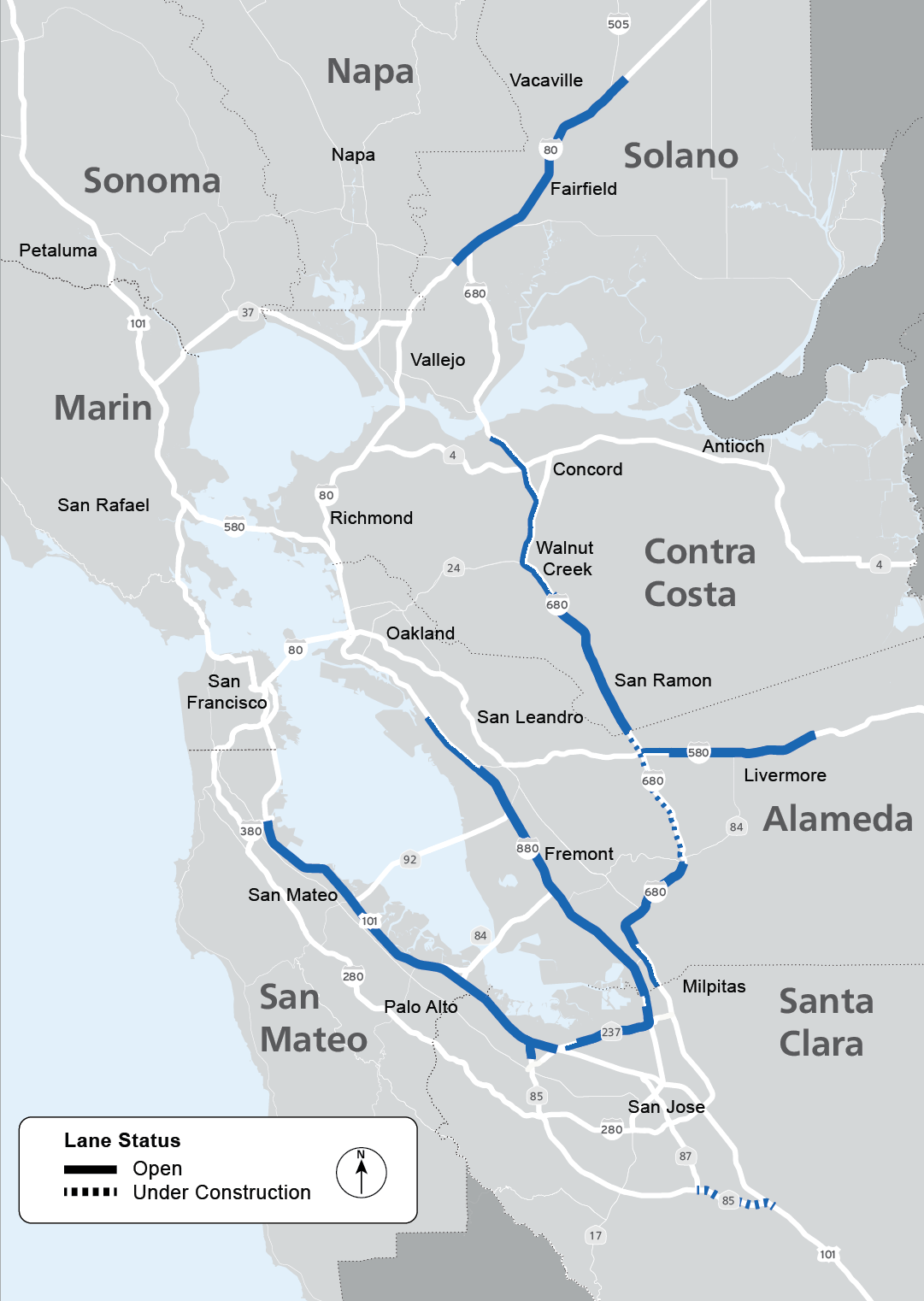 Map showing where express lanes operate on Bay Area highways.