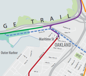 A map of the Bay Bridge trail and the various access points in colored lines