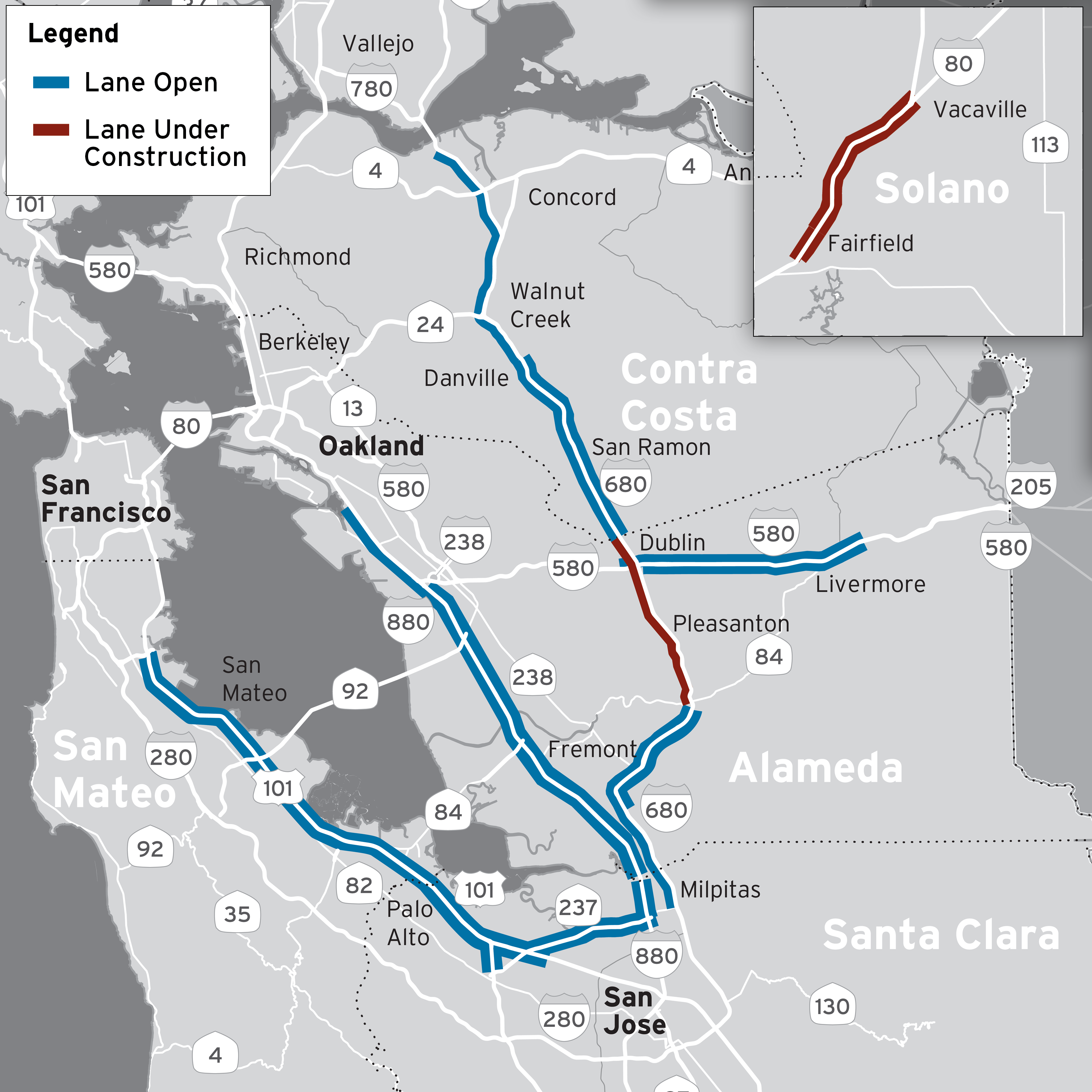 Map showing location of express lanes that are open or under construction in the Bay Area