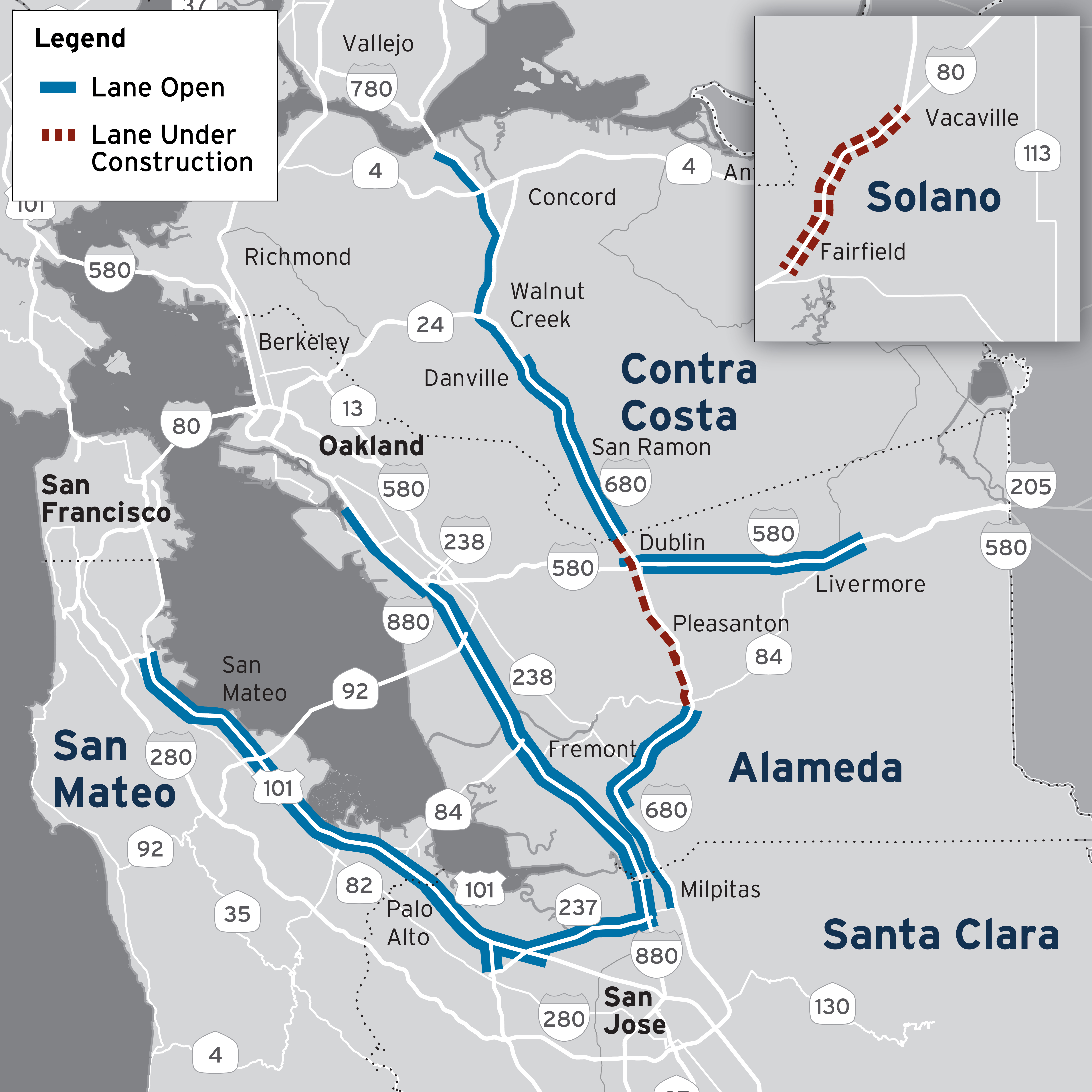 Map showing location of express lanes that are open or under construction in the Bay Area