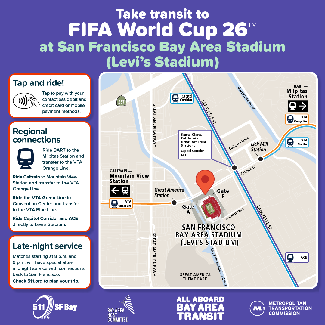 Map of Levis Stadium and the surrounding areas showing the transit options
