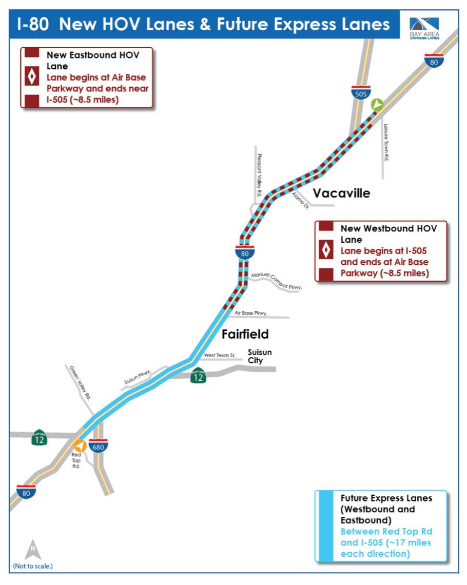 A map of the start and end points of the new HOV lanes and future express lanes on I-80.