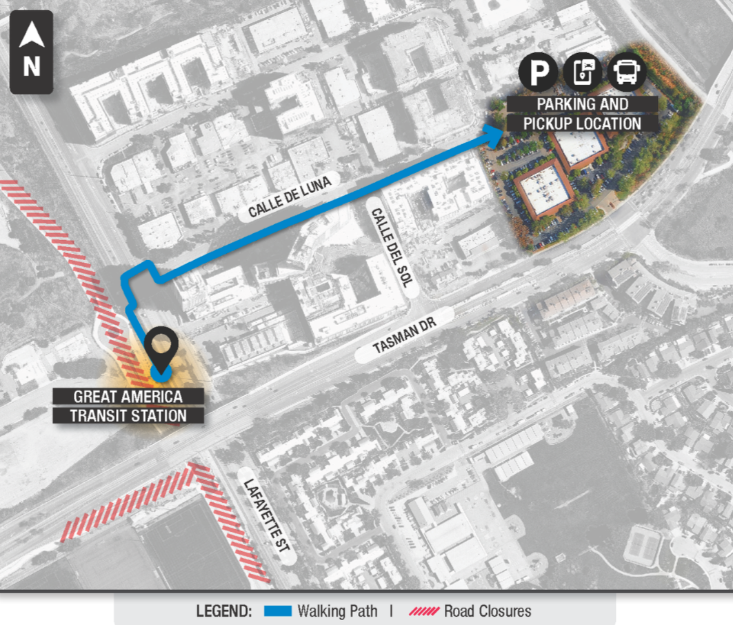 A map of the detour of parking and pickup locations around Levis Stadium for the superbowl
