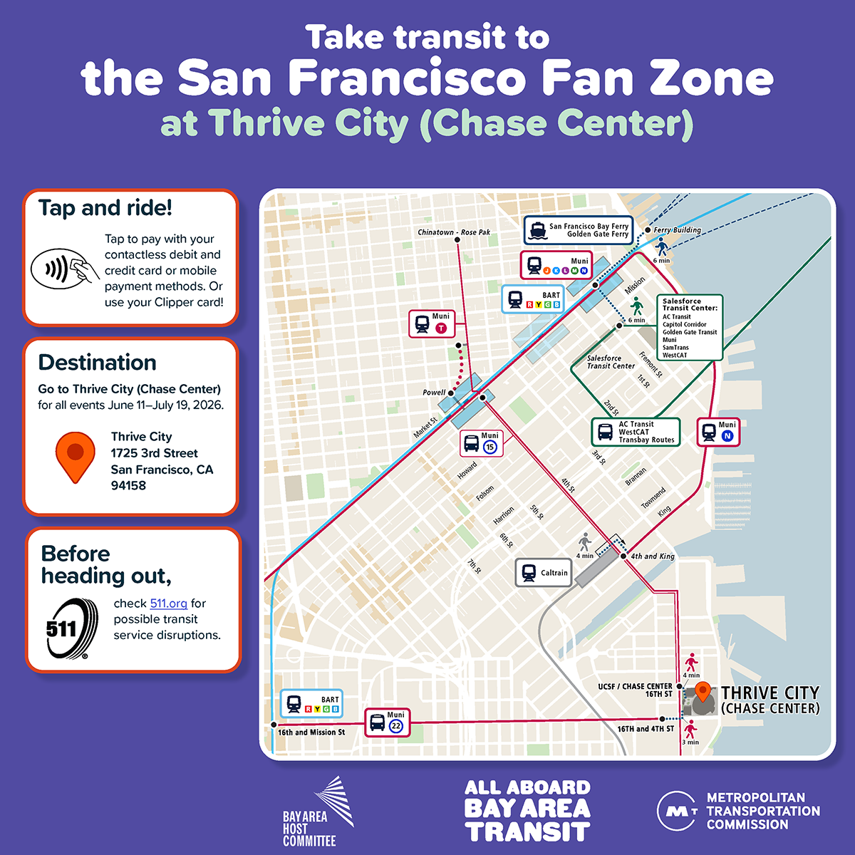 A map of Chase Center with surrounding transit connections