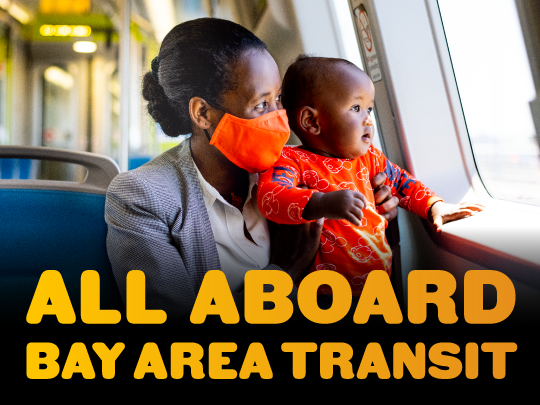 People looking out of a bus with text all aboard bay area transit