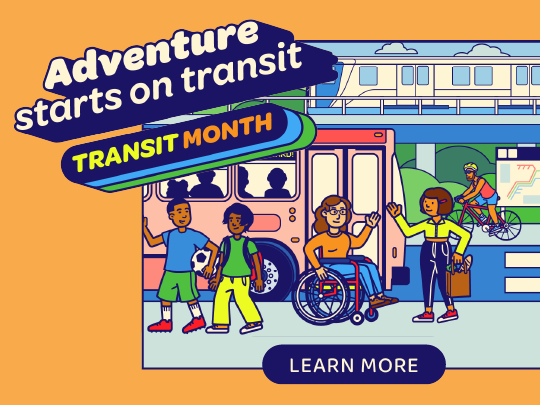 Cartoon of people with a bus in the background. The words Adventure starts on transit are written on the top