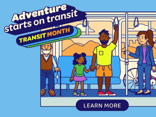 Cartoon of people standing on a train. The words Adventure starts on transit are written on the top left corner of the image