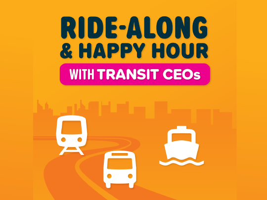 Text at the top says ride-along & happy hour with transit CEOs. Pictures of a train, bus, and ferry at the bottom.
