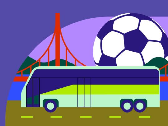 Purple background with the Golden Gate Bridge and a Soccer ball behind a bus