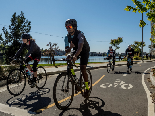 Four people on bikes in a bike lane riding by a lake