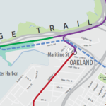 A map of the Bay Bridge trail and the various access points in colored lines