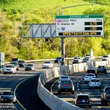 I-80 express lane showing a toll messaging sign