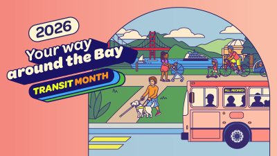 Cartoon image of a bus and people and the bay area background that says "2026 your way around the Bay transit month".