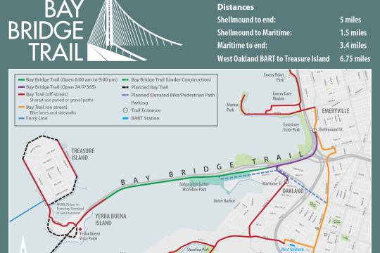 A map of the Bay Bridge trail and the various access points in colored lines