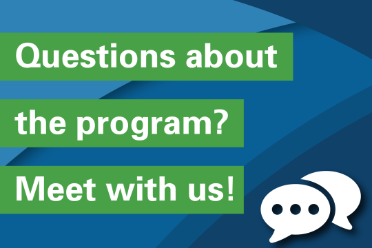 Graphic with chat bubbles and text in banners that says Questions about the program? Meet with us!