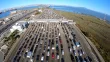 Aerial View of a Bay Bridge automatic toll gateway with several lanes of traffic flowing through it