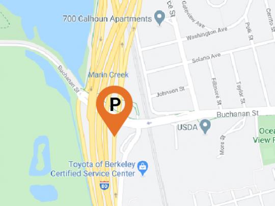 Map showing the intersection of I-80 and Buchanan Street in Albany